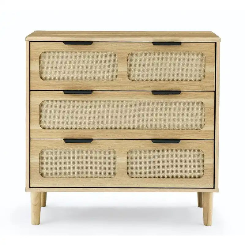 Cassettiera in stile moderno di metà secolo e boho con 3 cassetti in rattan, struttura in MDF e gambe in legno massello