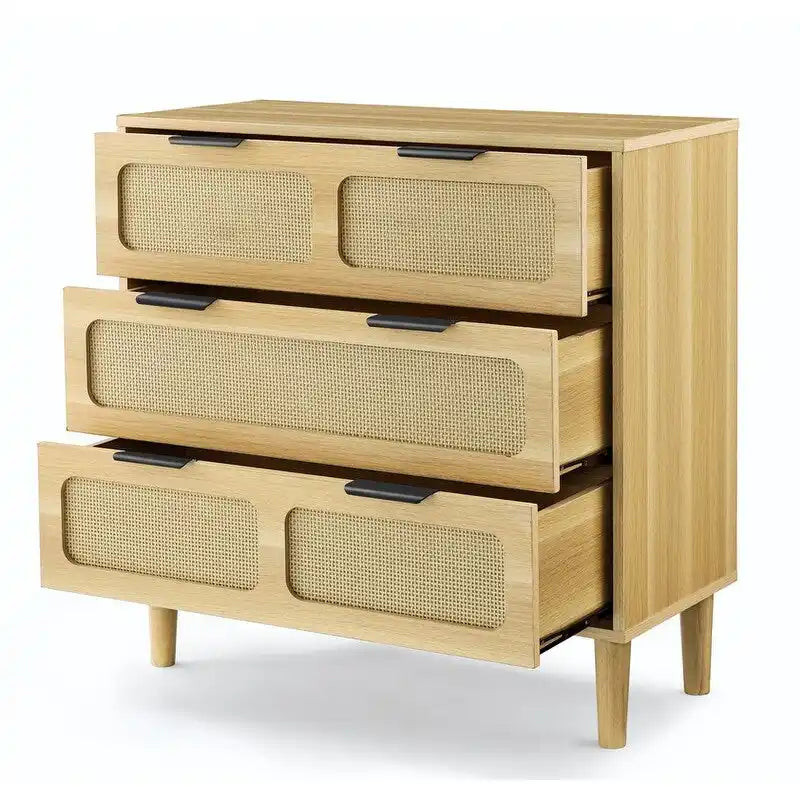 Cassettiera in stile moderno di metà secolo e boho con 3 cassetti in rattan, struttura in MDF e gambe in legno massello