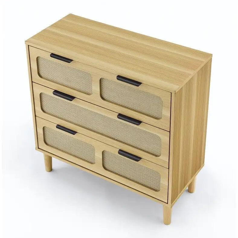 Cassettiera in stile moderno di metà secolo e boho con 3 cassetti in rattan, struttura in MDF e gambe in legno massello
