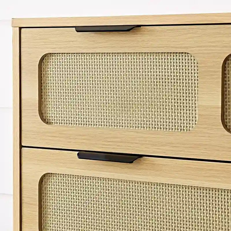 Cassettiera in stile moderno di metà secolo e boho con 3 cassetti in rattan, struttura in MDF e gambe in legno massello