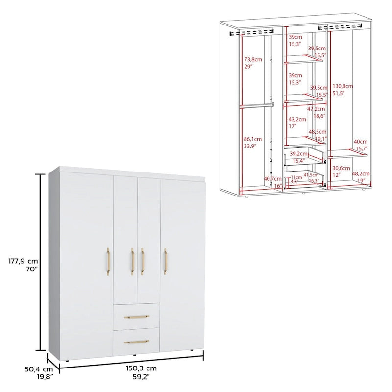 Kleiderschrank mit Kleiderstangen, Einlegeböden und 2 Schubladen