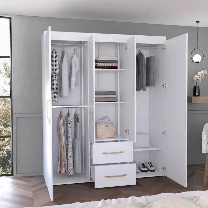 Kleiderschrank mit Kleiderstangen, Einlegeböden und 2 Schubladen