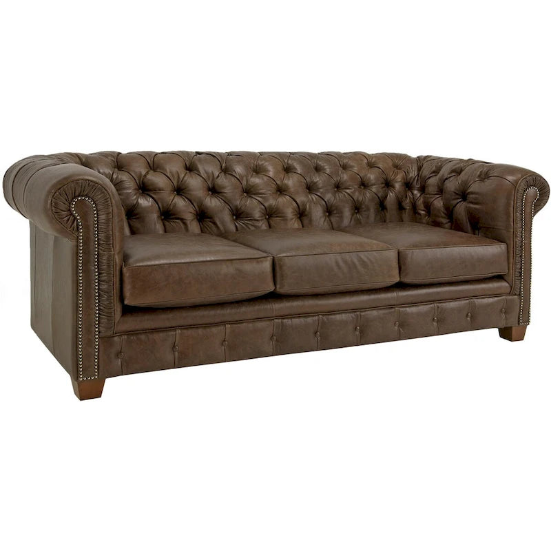 Tapicerowana sofa Chesterfield z pikowanej, postarzanej brązowej skóry