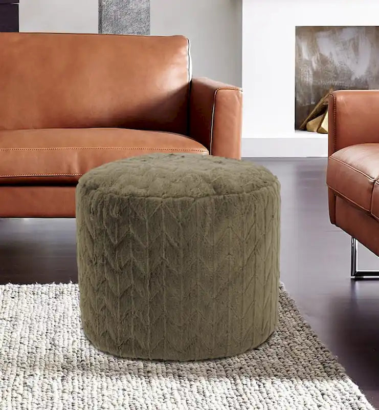 Hoher runder Pouf-Hocker in Angora Moss, Boho-Bodensitz und Fußstütze fürs Wohnzimmer