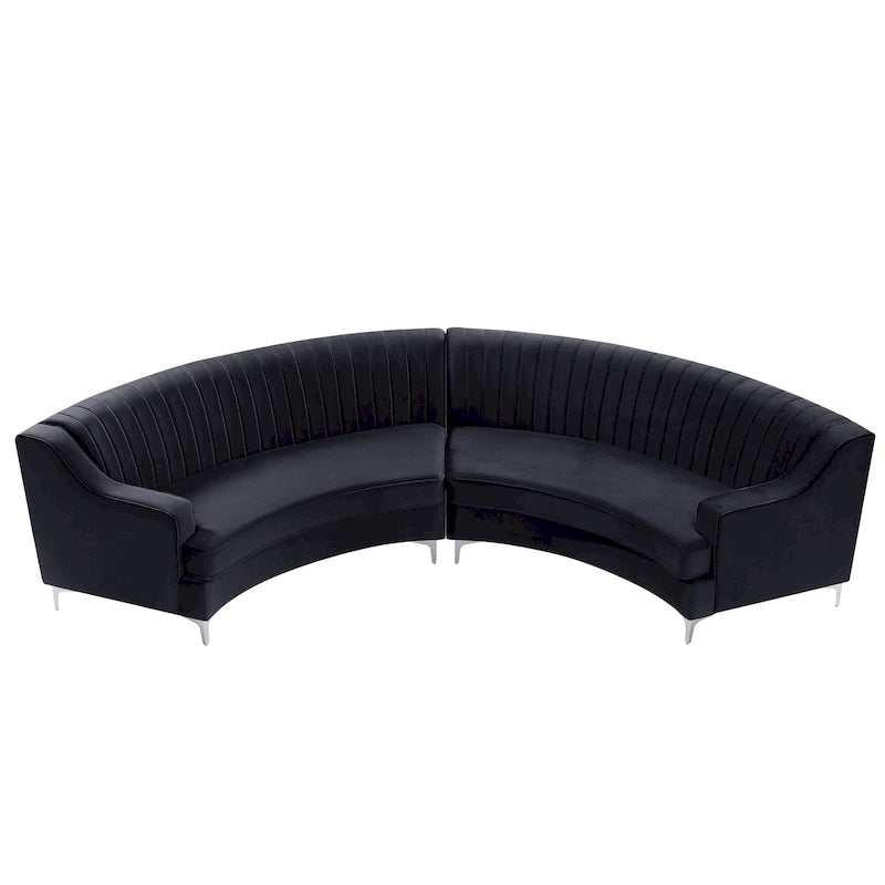 Pikowana aksamitna sofa w kształcie łuku z poduszkami