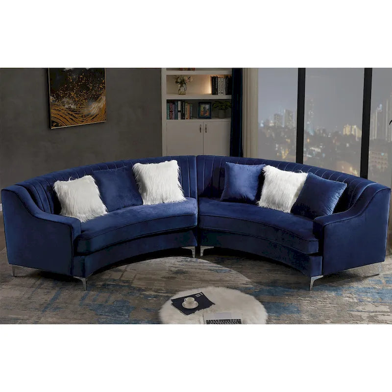 Pikowana aksamitna sofa w kształcie łuku z poduszkami