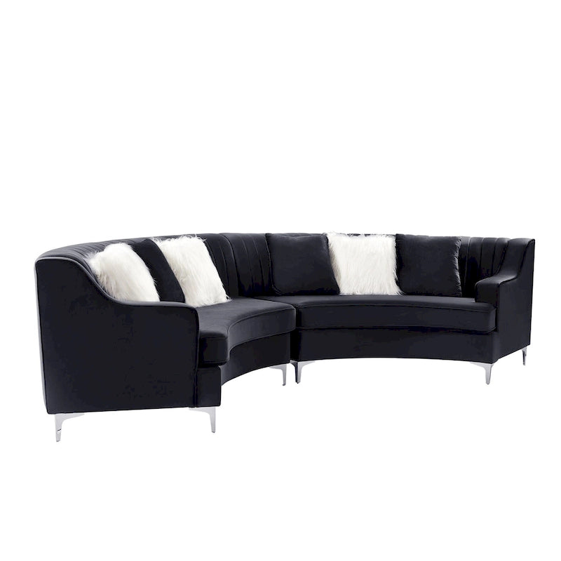Pikowana aksamitna sofa w kształcie łuku z poduszkami