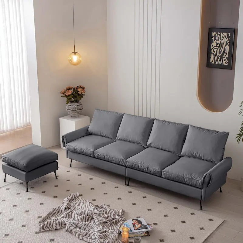 104.5Nowoczesna sofa w kształcie litery L z ekoskóry technicznej i podnóżkiem