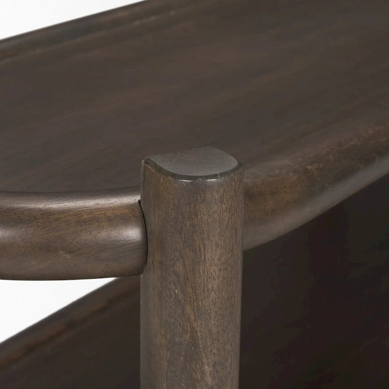 Tavolo consolle ovale in legno marrone scuro con 3 ripiani