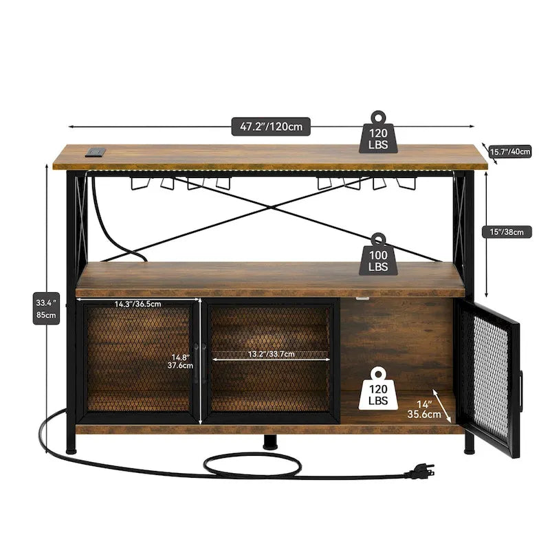 Mobile bar per vini da 47 con luci LED e prese di corrente, mobile industriale per caffè - 47.2L x 15.7W x 33.4H