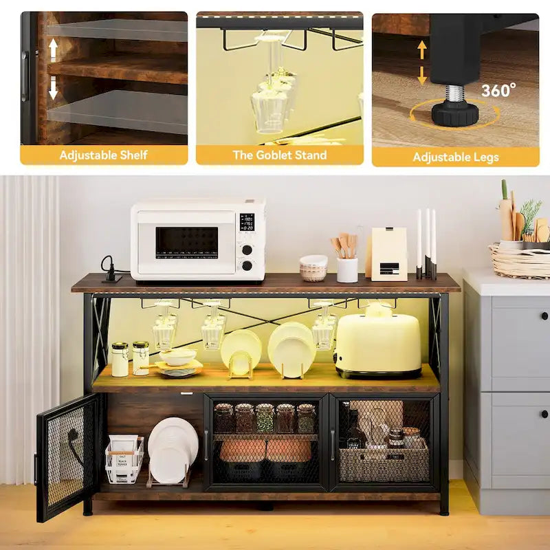 Mobile bar per vini da 47 con luci LED e prese di corrente, mobile industriale per caffè - 47.2L x 15.7W x 33.4H