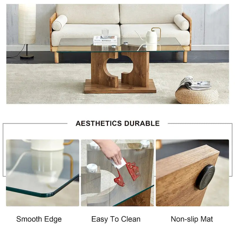 A rectangular modern and fashionable coffee table with tempered glass tabletop and white MDF legs