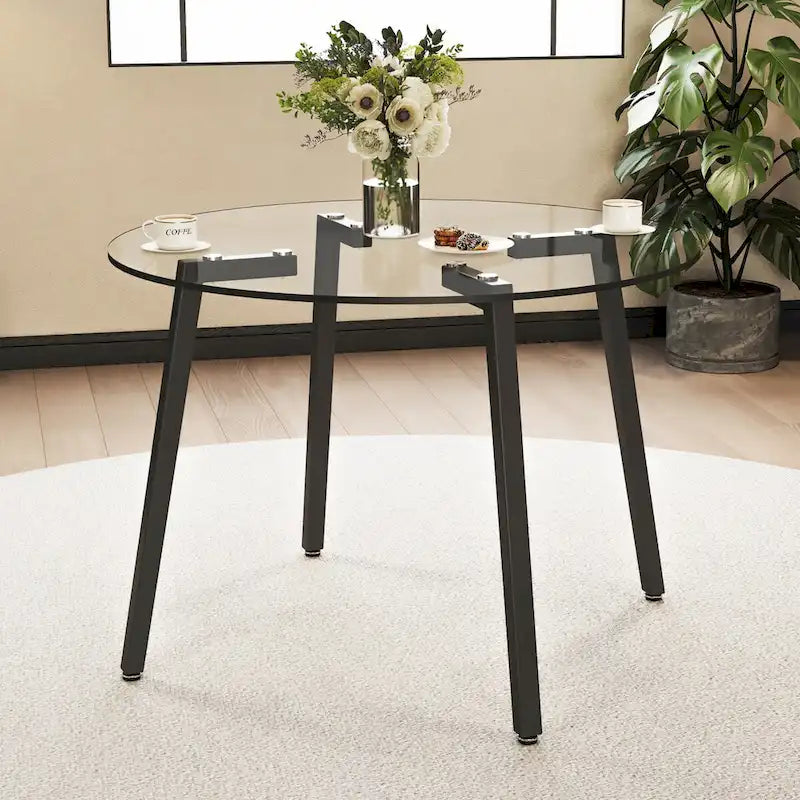 Runder transparenter Tisch aus gehärtetem Glas, Tischplatte aus gehärtetem Glas, schwarze Metallbeine, für Küche und Wohnzimmer, 42 *42 *29.5