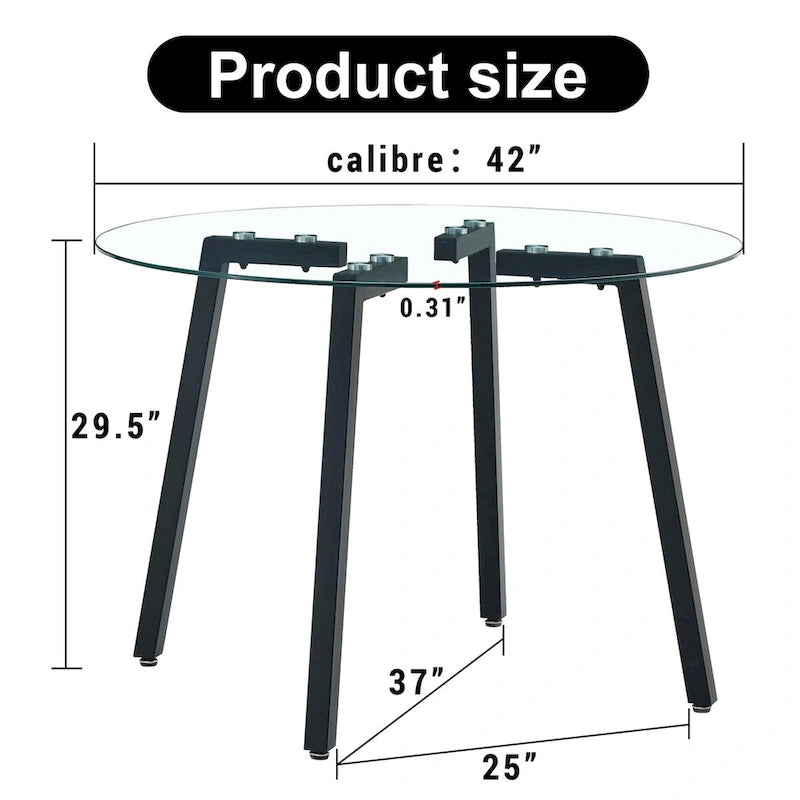 Runder transparenter Tisch aus gehärtetem Glas, Tischplatte aus gehärtetem Glas, schwarze Metallbeine, für Küche und Wohnzimmer, 42 *42 *29.5