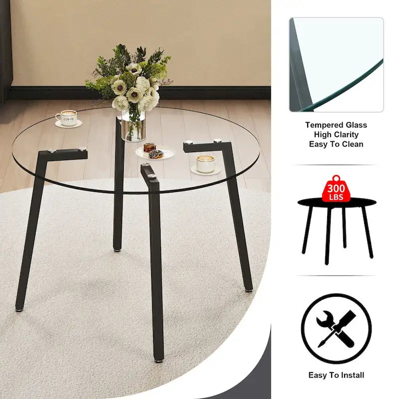 Runder transparenter Tisch aus gehärtetem Glas, Tischplatte aus gehärtetem Glas, schwarze Metallbeine, für Küche und Wohnzimmer, 42 *42 *29.5