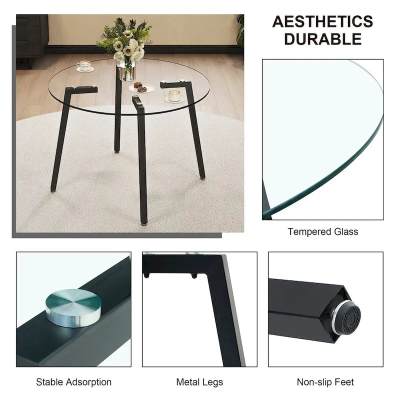 Runder transparenter Tisch aus gehärtetem Glas, Tischplatte aus gehärtetem Glas, schwarze Metallbeine, für Küche und Wohnzimmer, 42 *42 *29.5